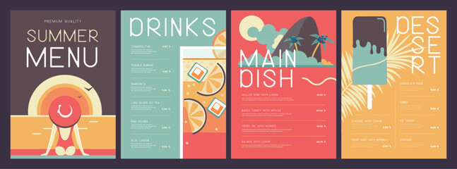 Retro summer restaurant menu design with cocktail, tropic island, ice cream and woman in hat. Vector illustration