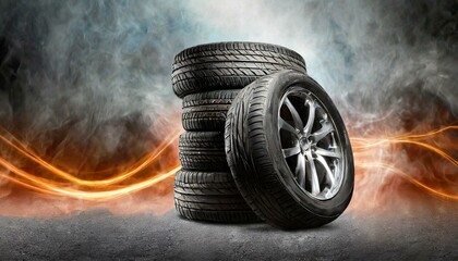 Tire Emporium: Ad Banner Featuring Stacks of Black Rubber Tires Against Asphalt and Smoke"