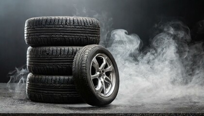 Tire Emporium: Ad Banner Featuring Stacks of Black Rubber Tires Against Asphalt and Smoke