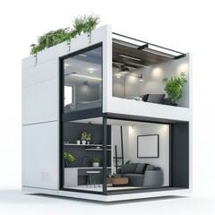 Fototapeta premium 3D Render of a sleek and futuristic mini house with clean lines and minimalistic design, on isolated white background, Generative AI
