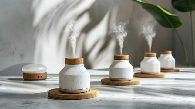 Modern aromatherapy diffusers with blank labels on a bright background, creating a serene and stylish space