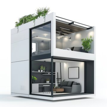 3D Render of a sleek and futuristic mini house with clean lines and minimalistic design, on isolated white background, Generative AI