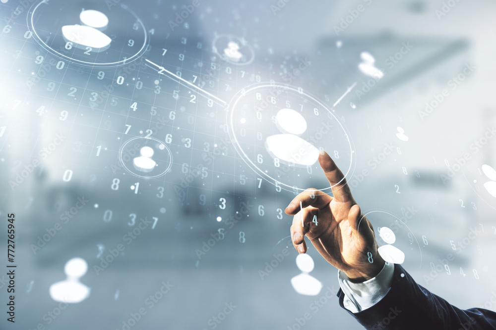 Poster man hand clicks on abstract virtual social network hologram on blurred office background. double exp