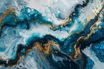 Blue Marble abstract acrylic background. Marbling artwork texture. Agate ripple pattern. Gold powder.