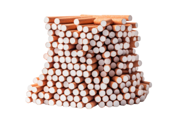 Towering Temptation: A Pile of Cigarettes Stacked High. On a Clear PNG or White Background.