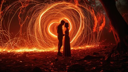 The picture about the caucasian couple hugging each other and wedding near the bright hot burning sparkling firework heart shape in the nighttime of the day like passionate of burning love. AIGX01. - obrazy, fototapety, plakaty