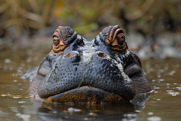 Hippopotamus in water, animal head, outdoors, animal eye, pond
