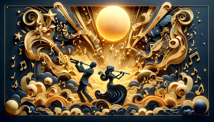 An intricate 3D construction paper art scene. In the foreground, two black silhouettes are visible, one of a man playing an alto saxophone in the energetic style of a jazz musician