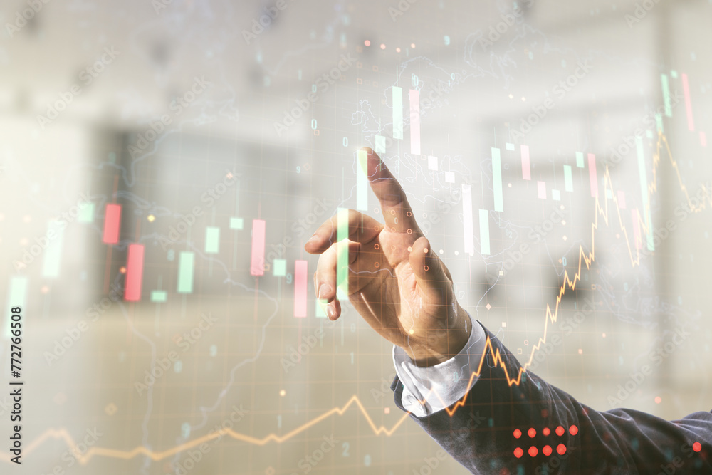 Poster multi exposure of businessman hand working with virtual creative financial graph and world map on bl