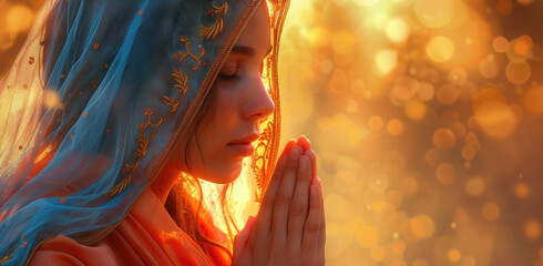 A beautiful young woman in prayer, with her hands clasped together and eyes closed against the backdrop of sunset light