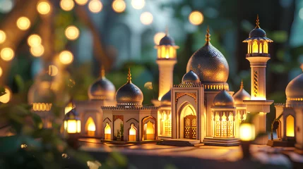 Foto op Plexiglas islamic ramadan background, eid al fitri, iftar, eid al adha, beautiful mosque and lantern background. camel in the middle of the desert with mosque © rafliand