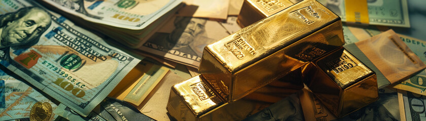 Gold bars stacked beside a swelling currency signify the tangible essence of wealth, with the dollar at the heart of this golden dream. - obrazy, fototapety, plakaty
