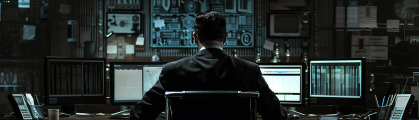 The dark office becomes a command center under the executive's watchful eye, where the glow of financial monitoring charts the company's course. - obrazy, fototapety, plakaty