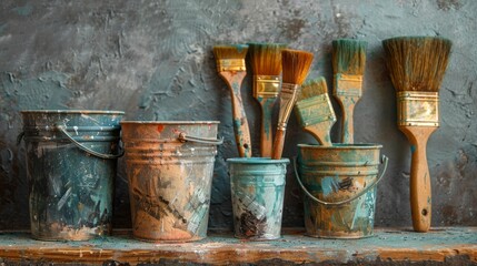 Paint brushes and paint buckets on shelf against dark background - obrazy, fototapety, plakaty