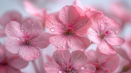   A close-up of pink flowers, droplets of water glistening on their petals, set against a backdrop of blue sky