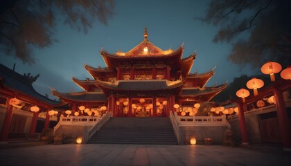 Traditional Chinese Buddhist Temple illuminated for the Mid-Autumn festival.