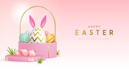 Happy Easter holiday background with gift box, basket, eggs and rabbit ears. Vector illustration - 772767186