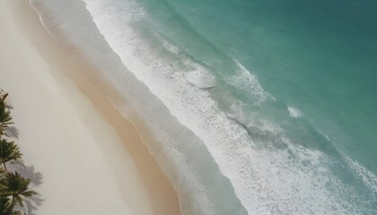 Sea and beach aerial view, Top view, amazing nature background. A beautiful strip of white sand surrounded by crystal clear water. Aerial view of the sandy beach near the sea with waves.