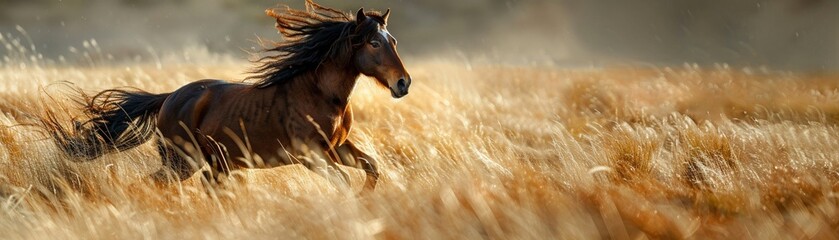 Energetic Welsh pony running through high grass, long mane in the breeze - obrazy, fototapety, plakaty