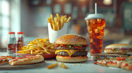 Grabandgo fast food set featuring hamburger, fries, pizza, and soda