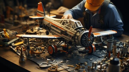 A model airplane builder assembling a plane at a workbench - obrazy, fototapety, plakaty