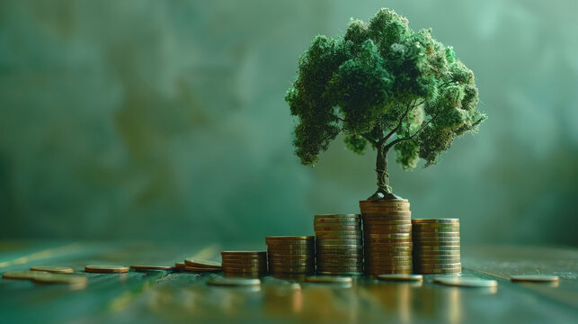 Graph of coin stacks and tree growing from money, economic prosperity, copy area