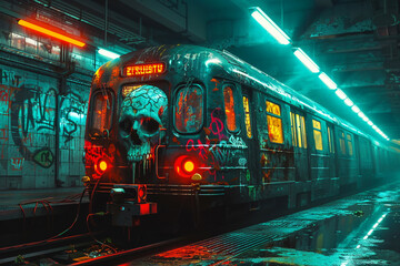 Public transporter featuring a menacing skull, urban dread theme - obrazy, fototapety, plakaty