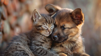 Puppy and kitten together, playing in a heartwarming display of interspecies affection