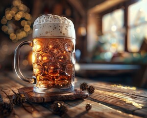 Timehonored frosty Hopf beer on weathered wooden table, essence of tradition - obrazy, fototapety, plakaty