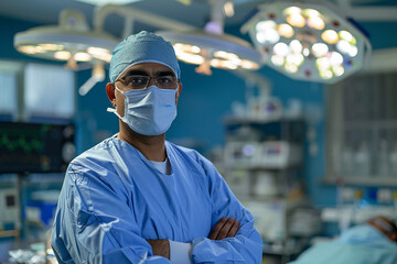 Fototapeta na wymiar Generative AI Image of Indian Male Doctor Wearing Mask in Operating Room While Crossing His Arms