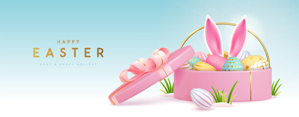 Happy Easter holiday background with gift box, basket, eggs and rabbit ears. Vector illustration - 772767736
