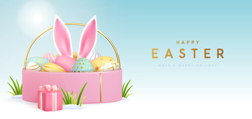 Happy Easter holiday background with gift box, basket, eggs and rabbit ears inside. Vector illustration