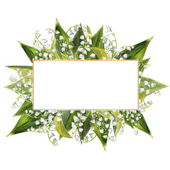 Wreath of spring flowers of lilies of the valley. Hand-drawn watercolor rectangular frame. Watercolor illustration.