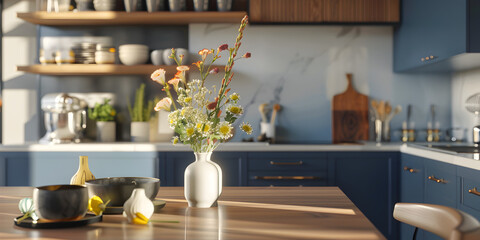 Blue Kitchen Cabinet , Luxury kitchen corner design with dark blue wall. 
