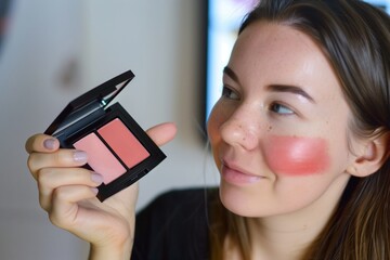 photo of a blogger comparing two blushes on cheeks