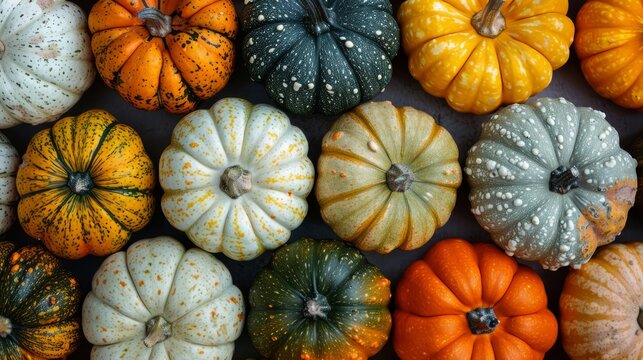   A cluster of pumpkins positioned together atop a white background with droplets of water cascading from them