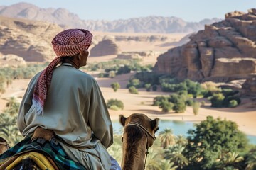 bedouin guide with a camel looking out over a serene oasis