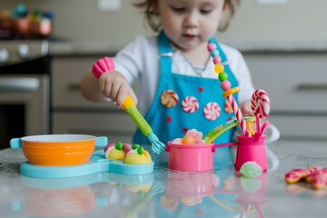 child with a toy cooking set and candy props