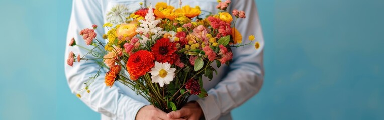 Smiling Man Holding Colorful Flower Bouquet on Blue Background - Closeup Shot with Room for Text