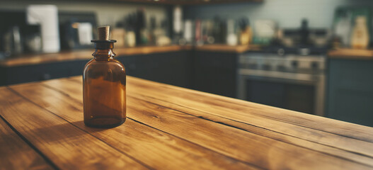 image of a bottle with a cork on the kitchen table. - obrazy, fototapety, plakaty