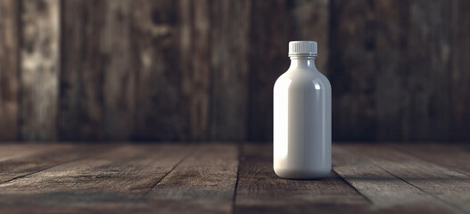 white bottle on a dark wooden background. - 772768545