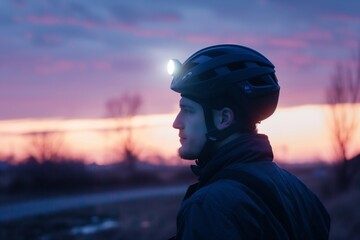 wearing headlamp on helmet in twilight