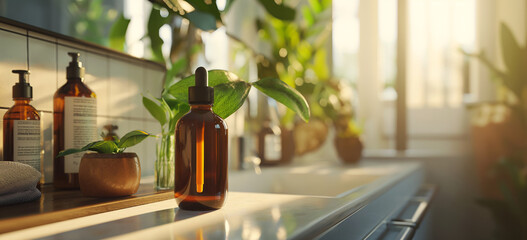 bottle of cosmetic gel is on the shelf near the sink. - 772768564
