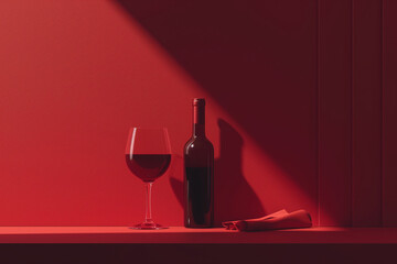 bottle and a glass of red wine on a red background. - 772768567