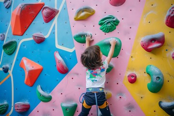 child reaching for a handhold on colorful indoor climbing wall