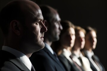 profile of an executive with face in shadow, team behind him