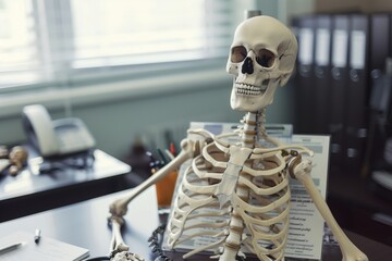 a human skeleton model on a desk with a name label chart