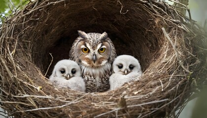 Naklejka na ściany i meble a mother owl with her owlets in a cozy nest upscaled 5