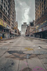 A vacant city square surrounded by abandoned storefronts, with empty sidewalks, cracked pavement, and the faded remnants of graffiti adorning the walls of deserted buildings, Generative AI
