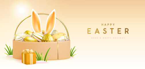 Happy Easter holiday background with gift box, basket, eggs and rabbit ears inside. Vector illustration - 772768779